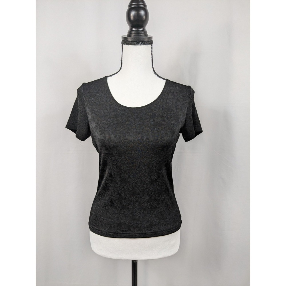 Vtg Y2k Baby Tee Top Womens T-Shirt Black Floral Velvet Whimsigoth Grunge A048